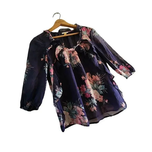 Anthropologie Leifsdottir Blouse Top Size 2 Navy Floral Cotati Chiffon 100% Silk - Picture 6 of 8